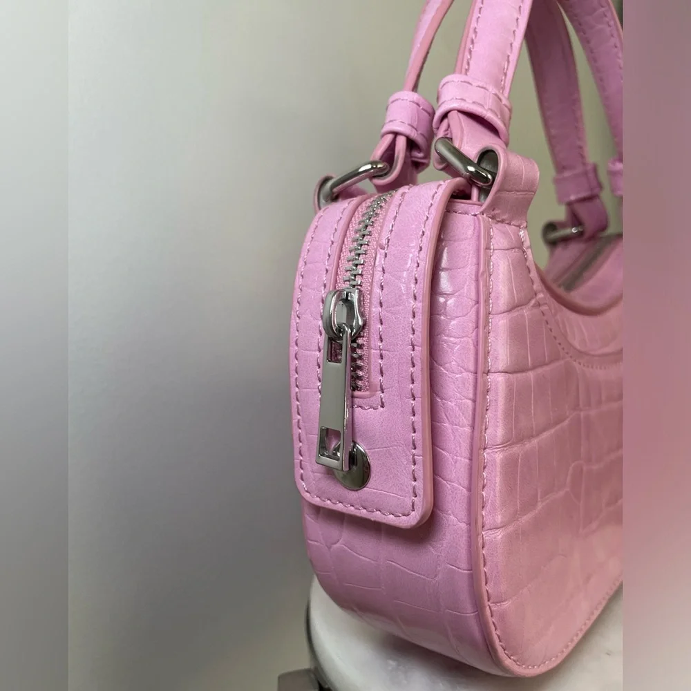 Zara Croc Embossed Top Handle Bag with Strap Pink Silver - Picture 3 of 16